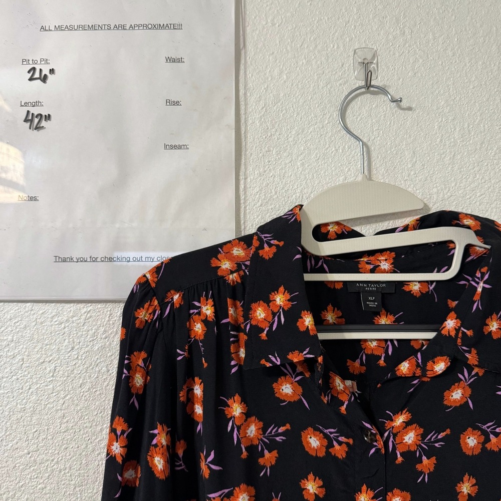 Ann Taylor Dress XL Petite Floral Black Orange‎ Midi Button Down Long Sleeve - Picture 5 of 5